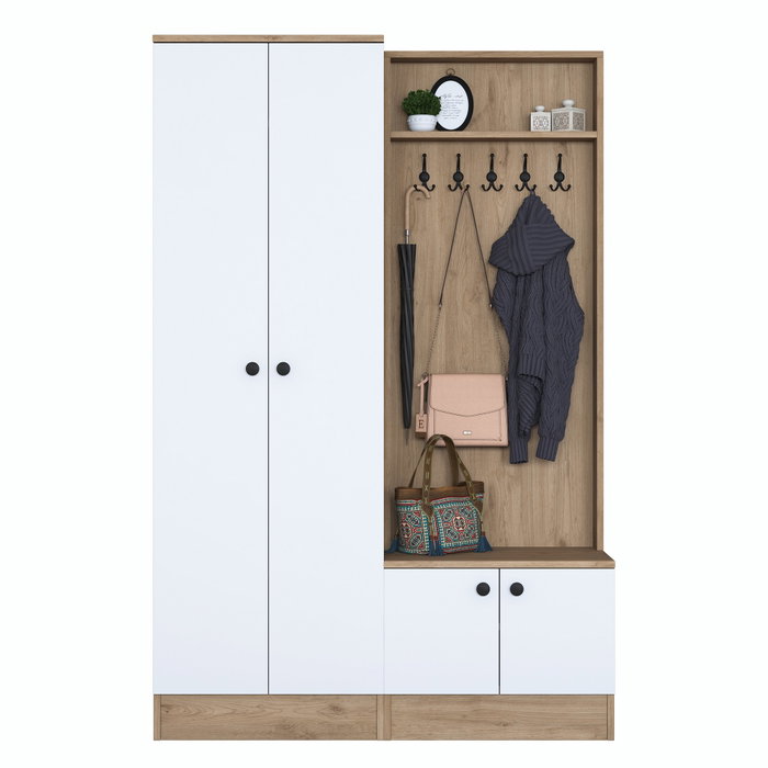 Hanah Home P6 - M5 - 2423 Recibidor con Perchero Blanco y Nogal 119.6x182.8x35.5 cm
